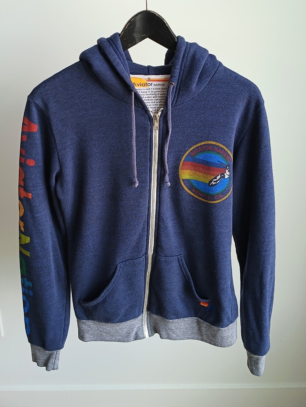 Aviator Nation Zip-Up Hoodie Blue Grey Rainbow Logo Small Made in USA 19"x 24"